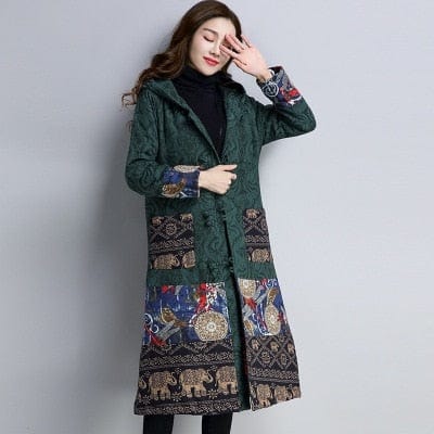 Buddha Trends Green / M Embroidered Hooded Knee-Length Trench Coat