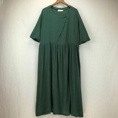 Buddha Trends Green / M Zen Sunday Plus Size Cotton Linen Dress  | Zen