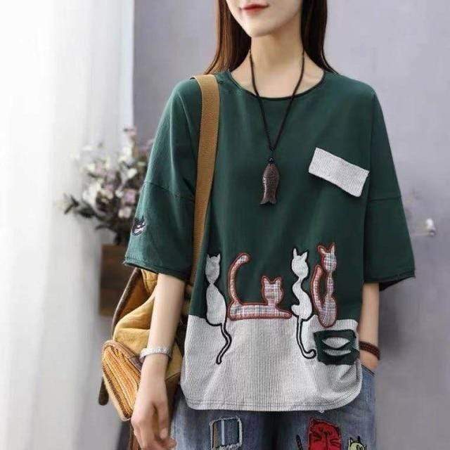 Buddha Trends Green / One Size / China Cartoon Cat Loose Casual T-Shirts