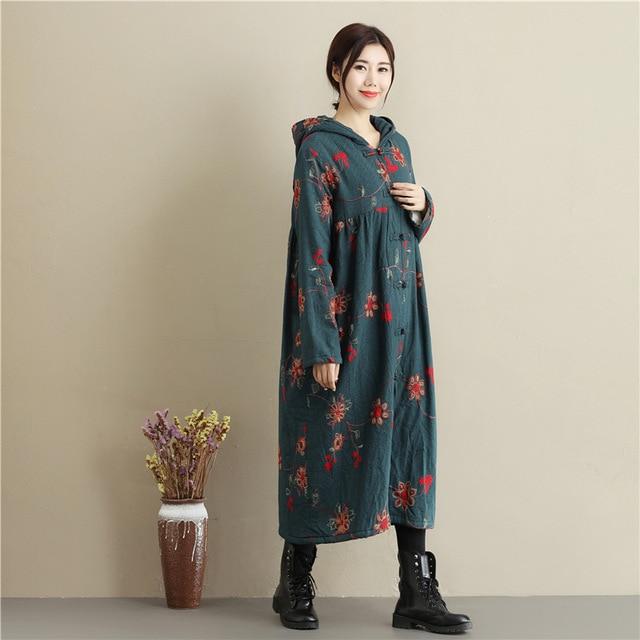 Buddha Trends Green / One Size Floral Embroidered Hooded Coat