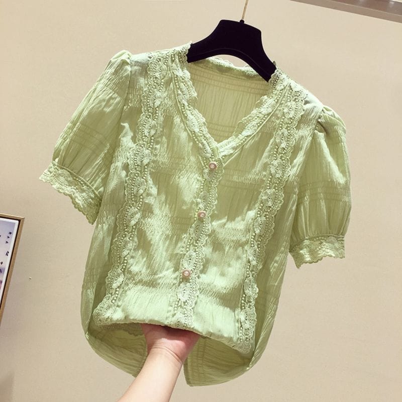 Buddha Trends Green / S Floral Embroidered Korean T-Shirts