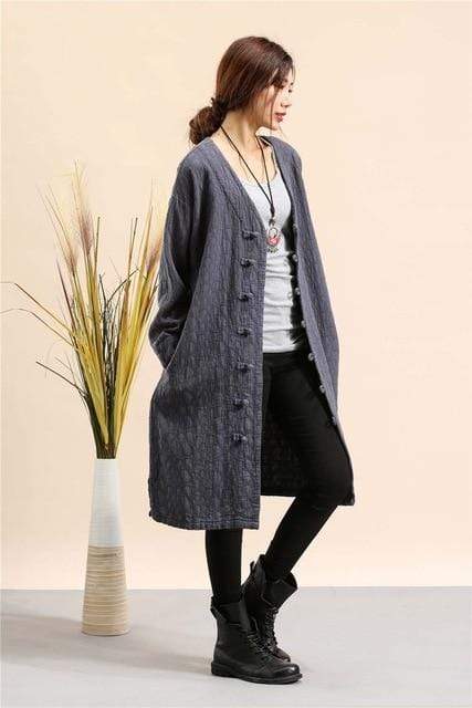 Buddha Trends Grey blue / One Size Cotton and Linen Button Down Light Coat