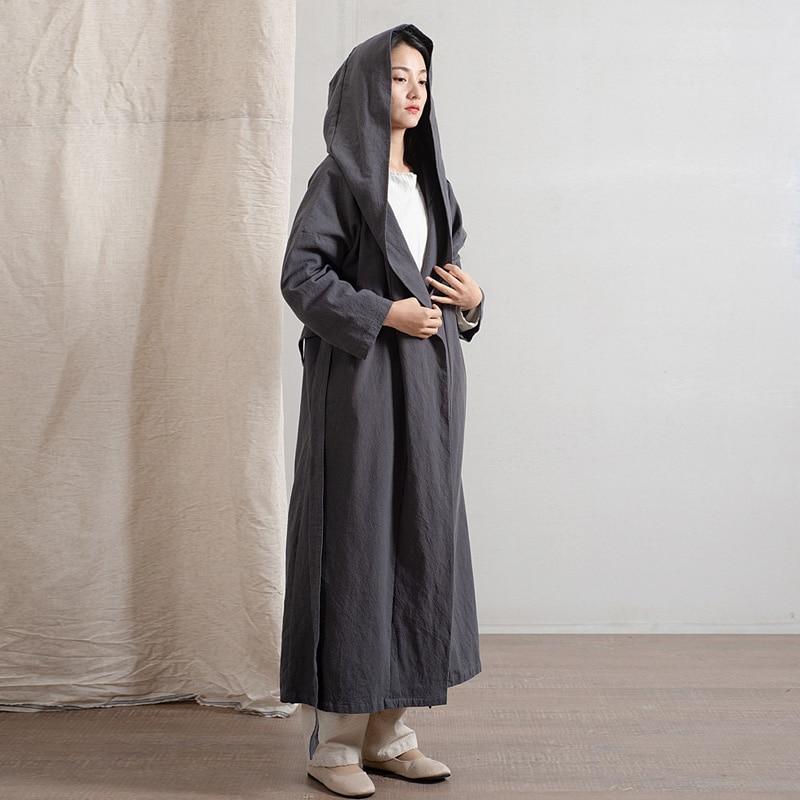 Buddha Trends Grey / One Size Hooded Bandage Linen Trench Coat  | Zen