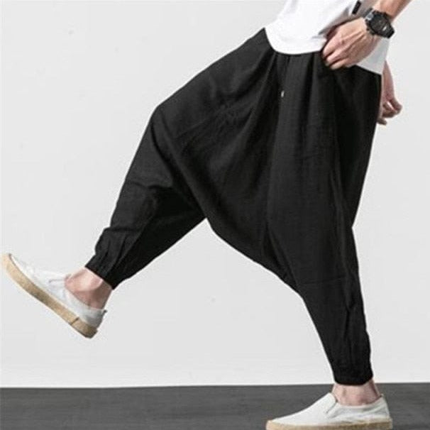 Buddha Trends Harem Pants 6XL / black Cotton and Linen Drop Crotch Harem Pants | Lotus