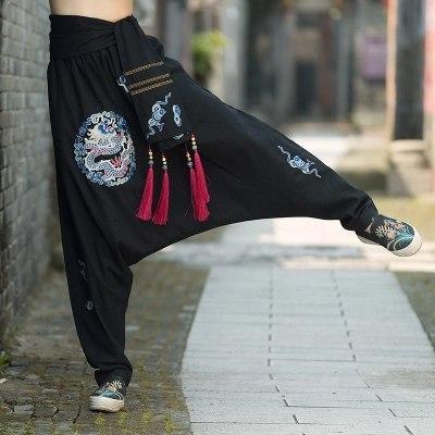 Dragon Embroidered Loose Harem Pants Buddhatrends