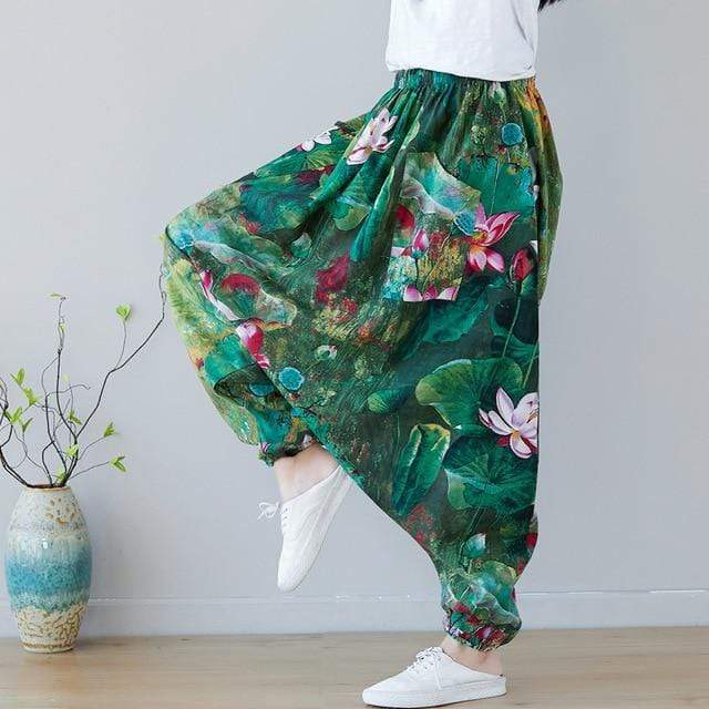 Buddha Trends Harem Pants Lotus Flower Green Harem Pants