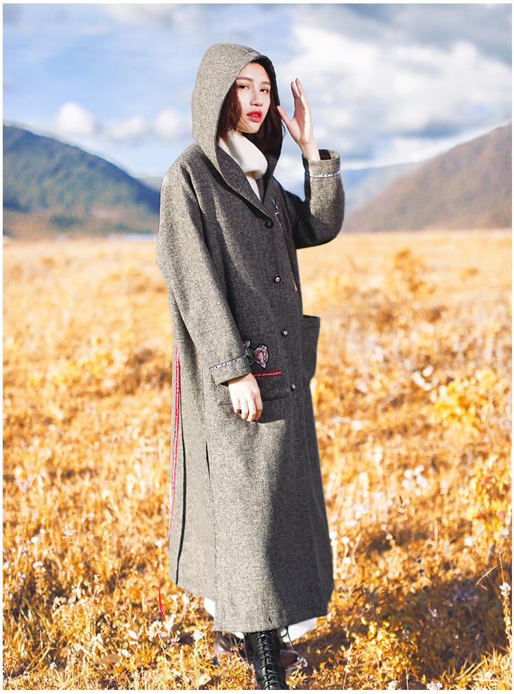 Buddha Trends Hooded Embroidered Woollen Coat