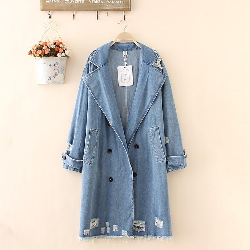 Distressed denim shop trench coat