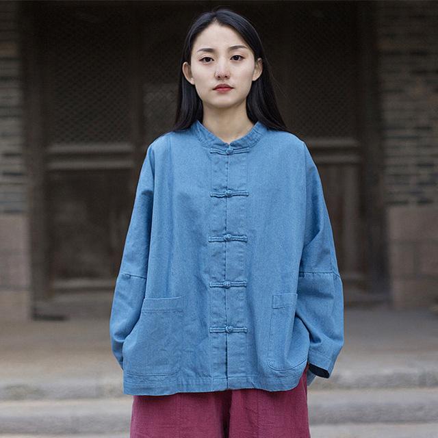 Buddha Trends Jackets Light Blue / One Size Batwing Sleeve Chinese Denim Jacket  | Zen