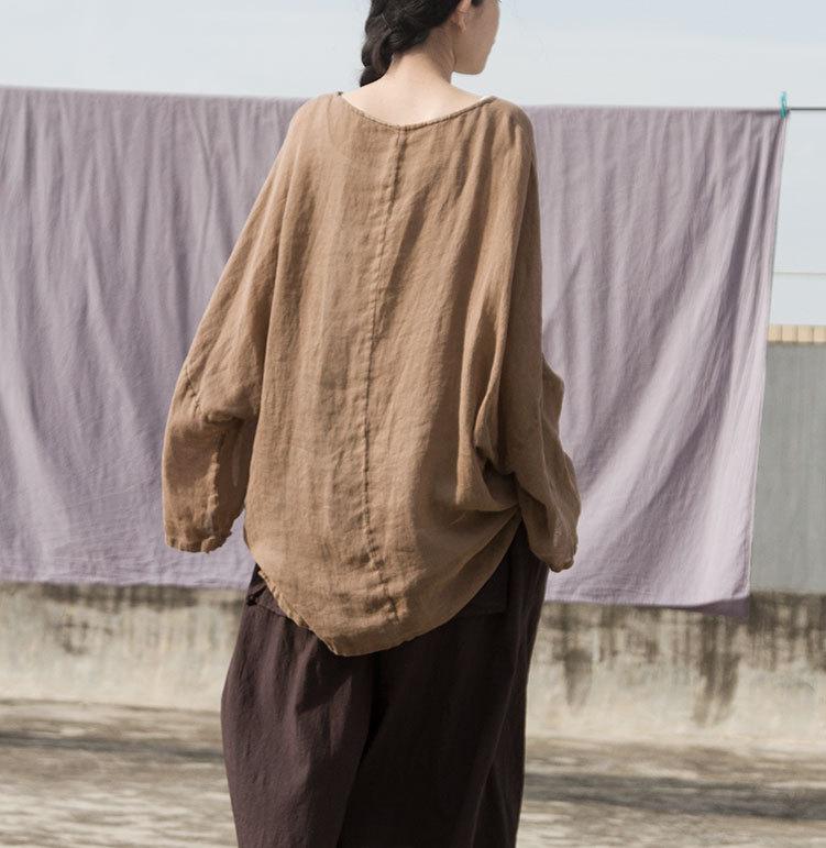 Buddha Trends Khaki Long Sleeve Linen Shirt | Lotus