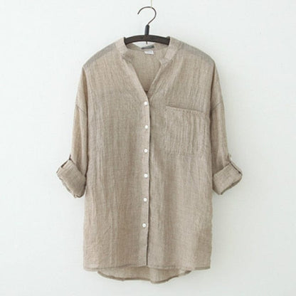 Buddha Trends L / Khaki Vintage Button Up Cotton Linen Blouse