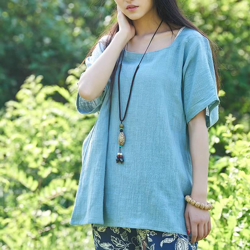 Buddha Trends light blue / One Size Square Neck Linen T-Shirt  | Zen