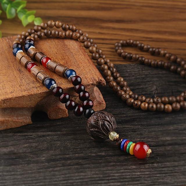 Buddha Trends Lotus Flower Wooden Mala Beads Necklace