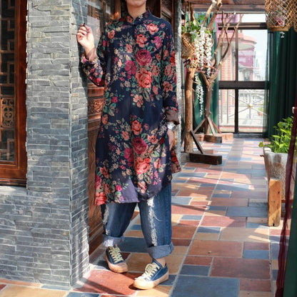 Buddha Trends Mandarin Collar Floral Long Shirt  | Zen