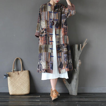 Buddha Trends Multi Brown / One Size Patchwork Prints Chinese Linen Trench Coat