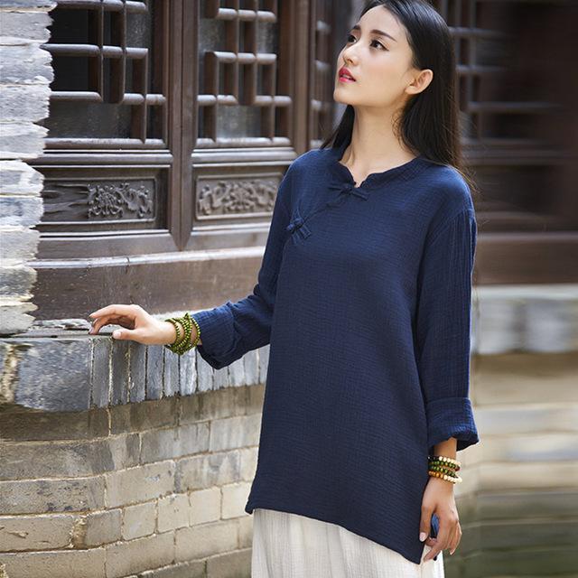 Buddha Trends Navy Blue / One Size 3/4 Sleeve Traditional Chinese Cotton and Linen Blouse  | Zen