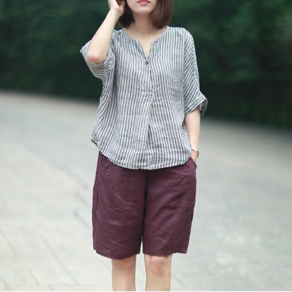 Buddha Trends Navy blue / One Size Cotton and Linen Casual Striped Blouse  | Zen