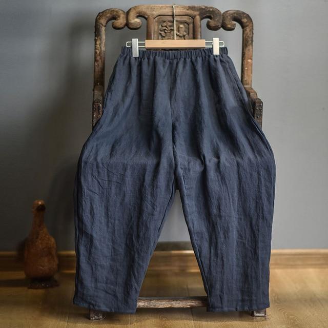 Buddha Trends Navy / One Size Elastic Waist Linen Trousers | Zen