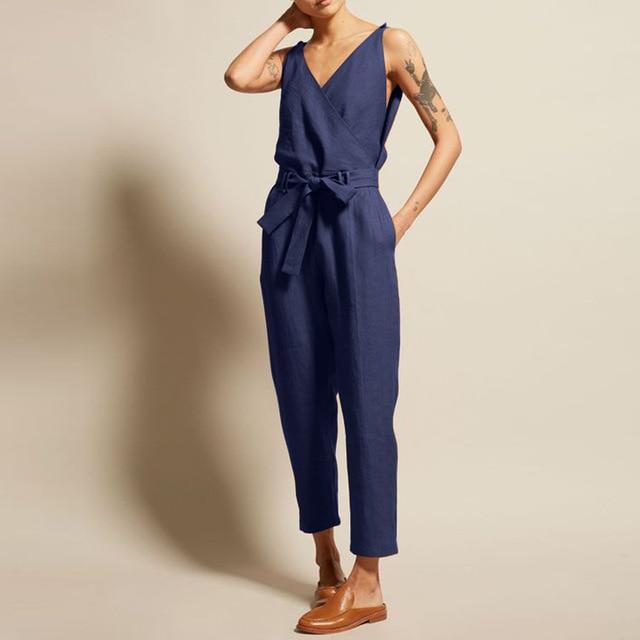 Buddha Trends Navy / S Casual Chic V Neck Sleeveless Overall