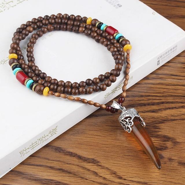 Buddha Trends Nepalese Resin Horn Mala Beads Wooden Necklace