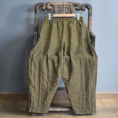Buddha Trends Olive Green / One Size Elastic Waist Linen Trousers | Zen