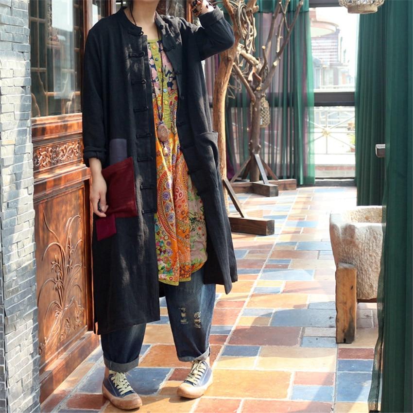 Buddha Trends One Size / Black Patchwork Pockets Button Up Linen Coat