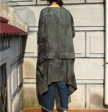 Buddha Trends One Size / Green Layered Tie Dye Linen Shirt