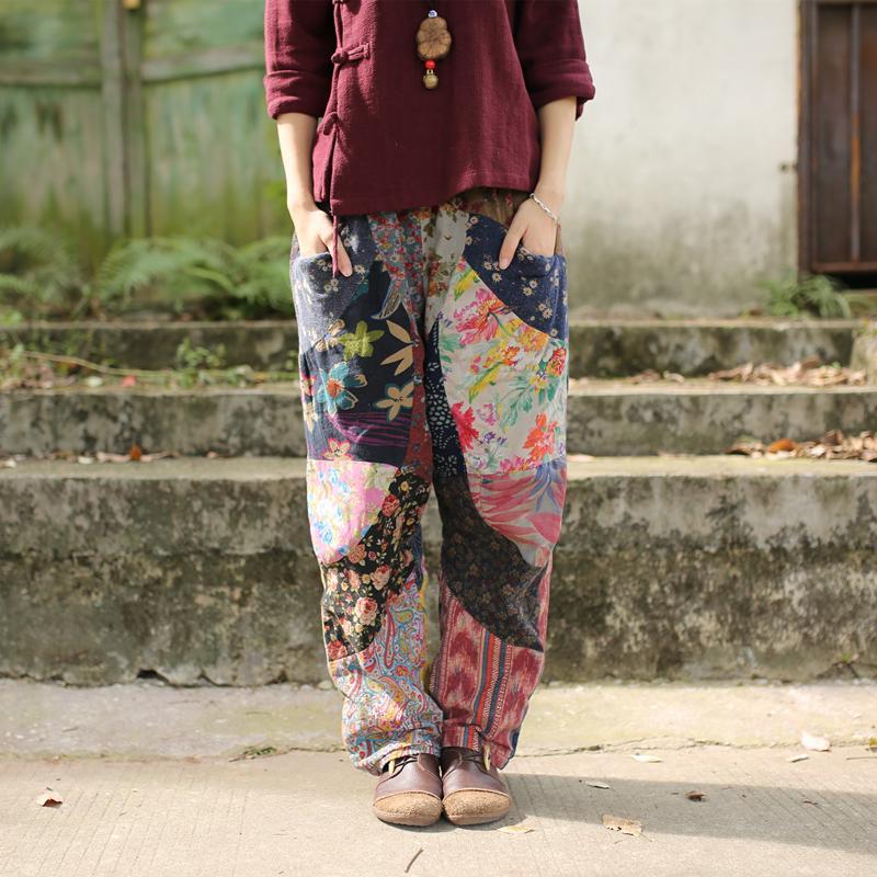 Buddha Trends One Size / Multicolor Floral Patchwork Linen Hippie Pants