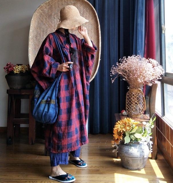 Buddha Trends One Size / Red and Blue Red and Blue Plaid Linen Shirt Dress  | Zen