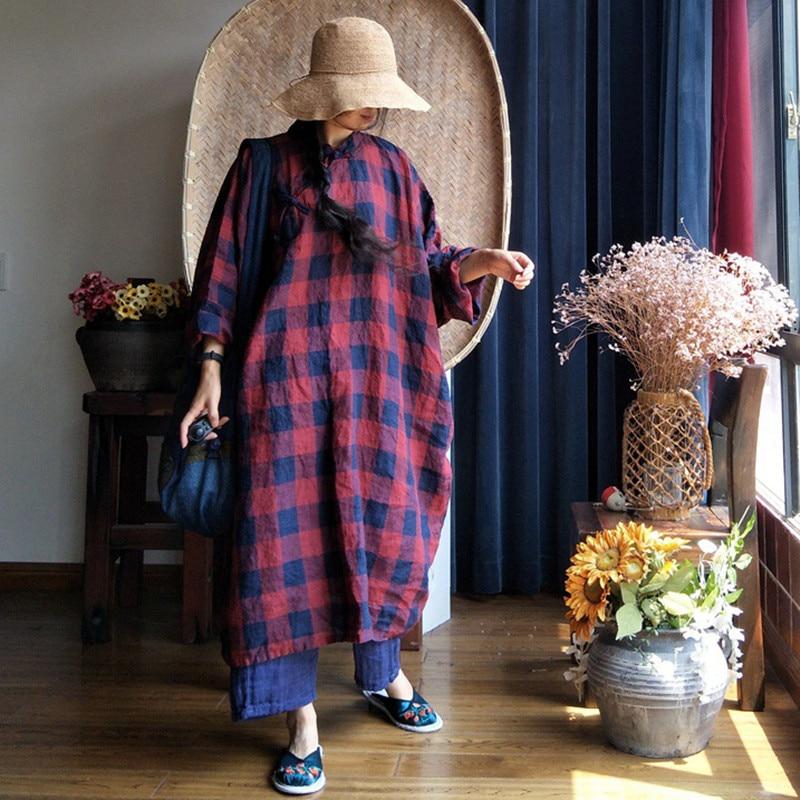 Buddha Trends One Size / Red and Blue Red and Blue Plaid Linen Shirt Dress  | Zen