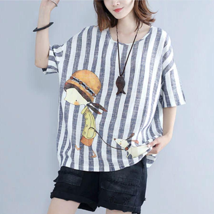 Striped Cartoon Printed Linen T-Shirt