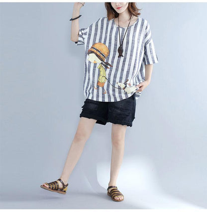 Striped Cartoon Printed Linen T-Shirt