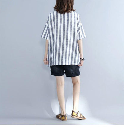 Striped Cartoon Printed Linen T-Shirt