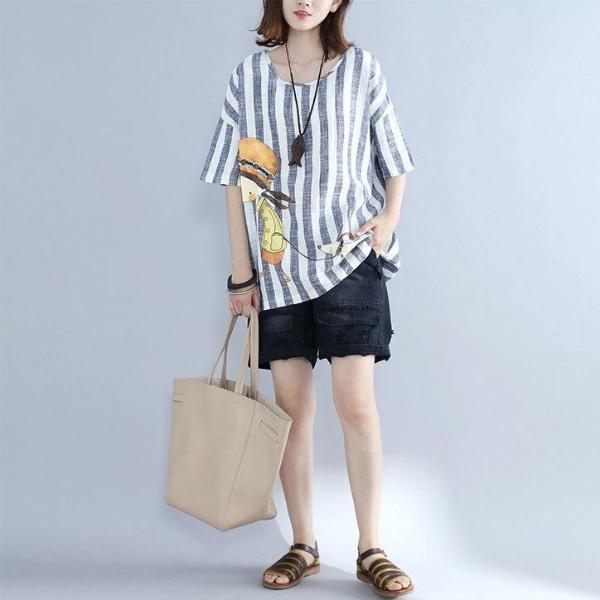 Striped Cartoon Printed Linen T-Shirt