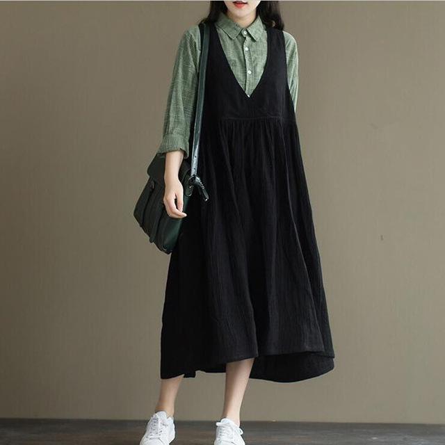Buddha Trends overall dress Black / XL Casual Cotton Linen Overall Dress