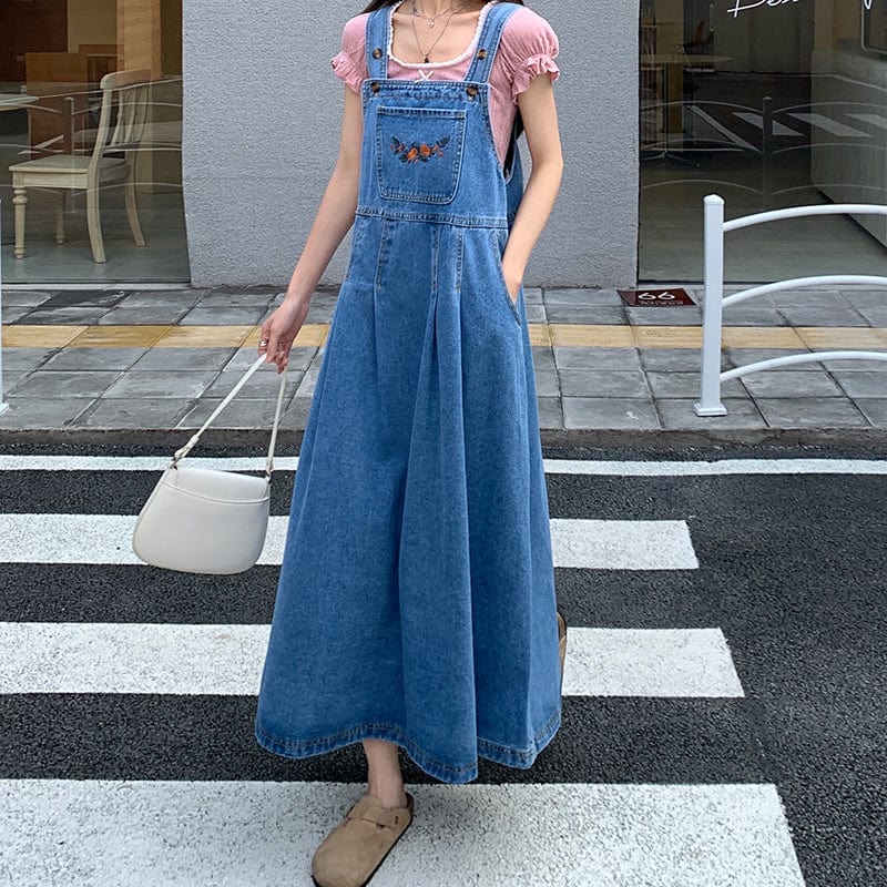 Blue Denim Midi Overall Dress Buddhatrends