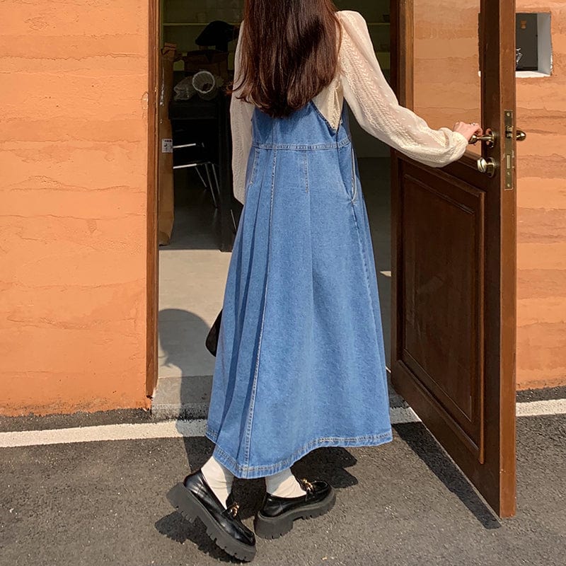 Blue Denim Midi Overall Dress Blue Denim Midi Overall Dress