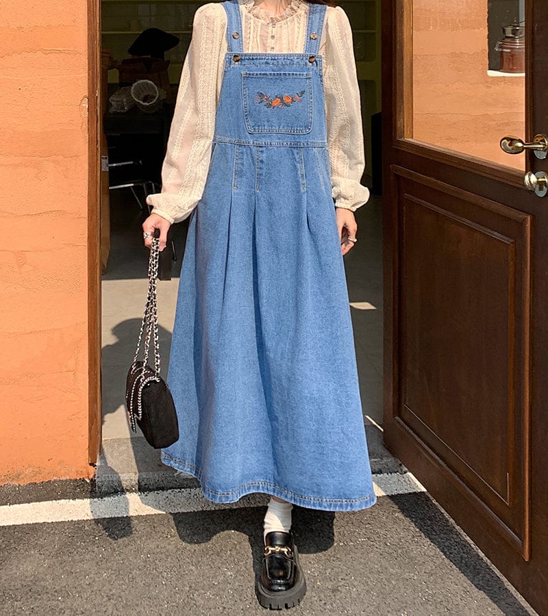 Blue Denim Midi Overall Dress Blue Denim Midi Overall Dress