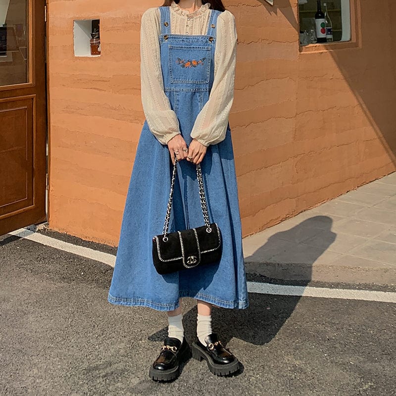 Blue S Blue Denim Midi Overall Dress - Main Image