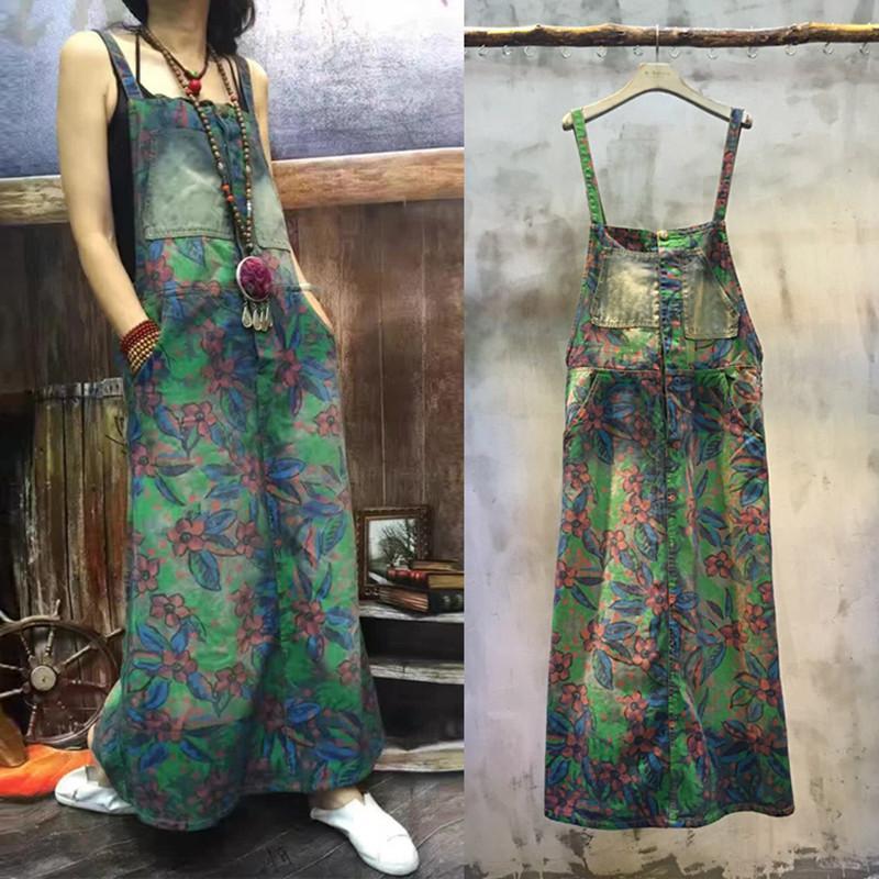 Floral Long Denim Overall Dress | Buddha Trends – Buddhatrends