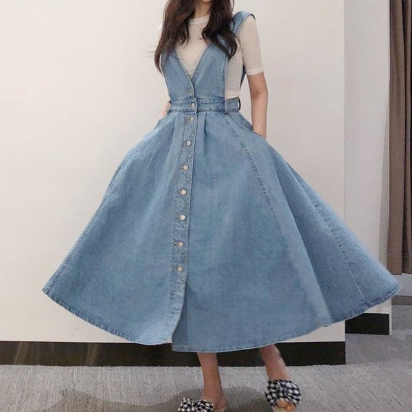 Long Denim Overall Dress with Large Pockets – Buddhatrends