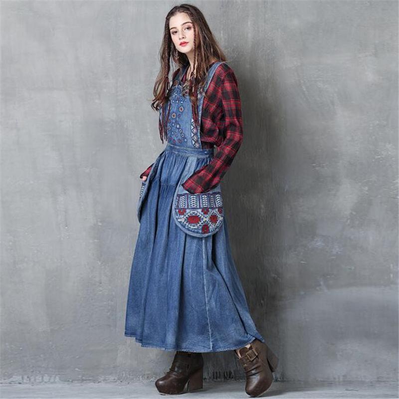Women's Denim Suspender Dress Loose Full Length Jeans Fashion Long Maxi  Dresses | eBay