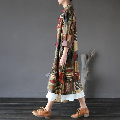Buddha Trends Patchwork Prints Chinese Linen Trench Coat