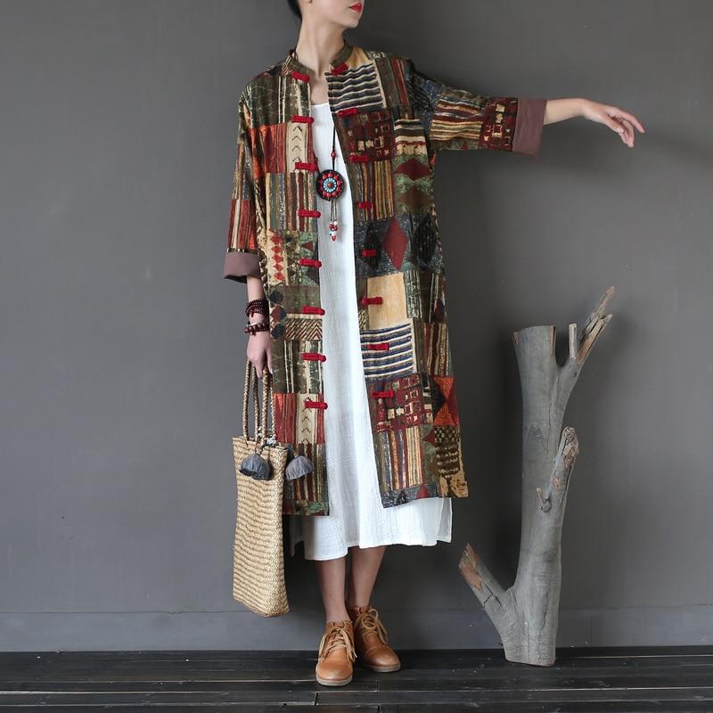 Buddha Trends Patchwork Prints Chinese Linen Trench Coat
