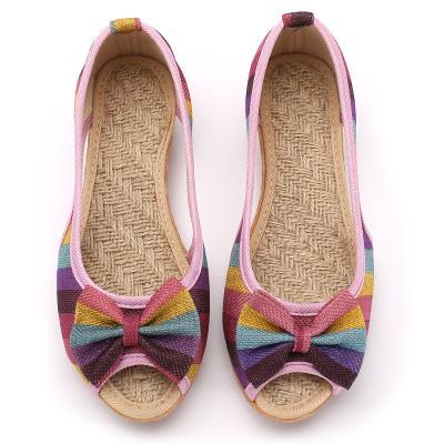 Buddha Trends Purple / 5 Rainbow Striped Peep Toe Linen Shoes
