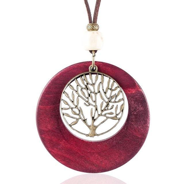 Buddha Trends Red Life Tree Geometric Wooden Pendant Necklace