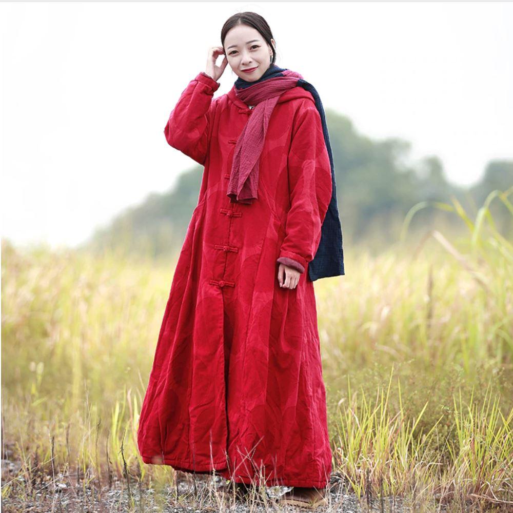 Red Linen Hooded Trench Coat