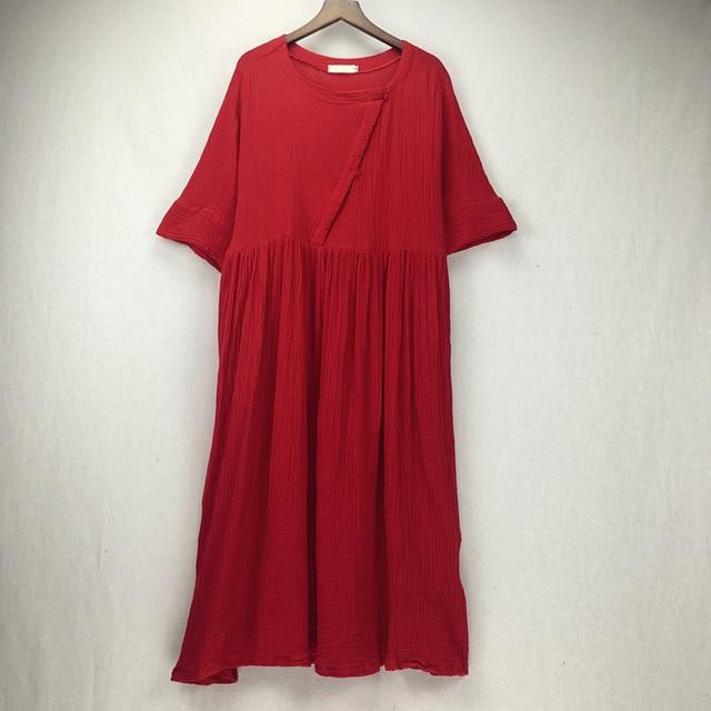 Buddha Trends Red / M Zen Sunday Plus Size Cotton Linen Dress  | Zen