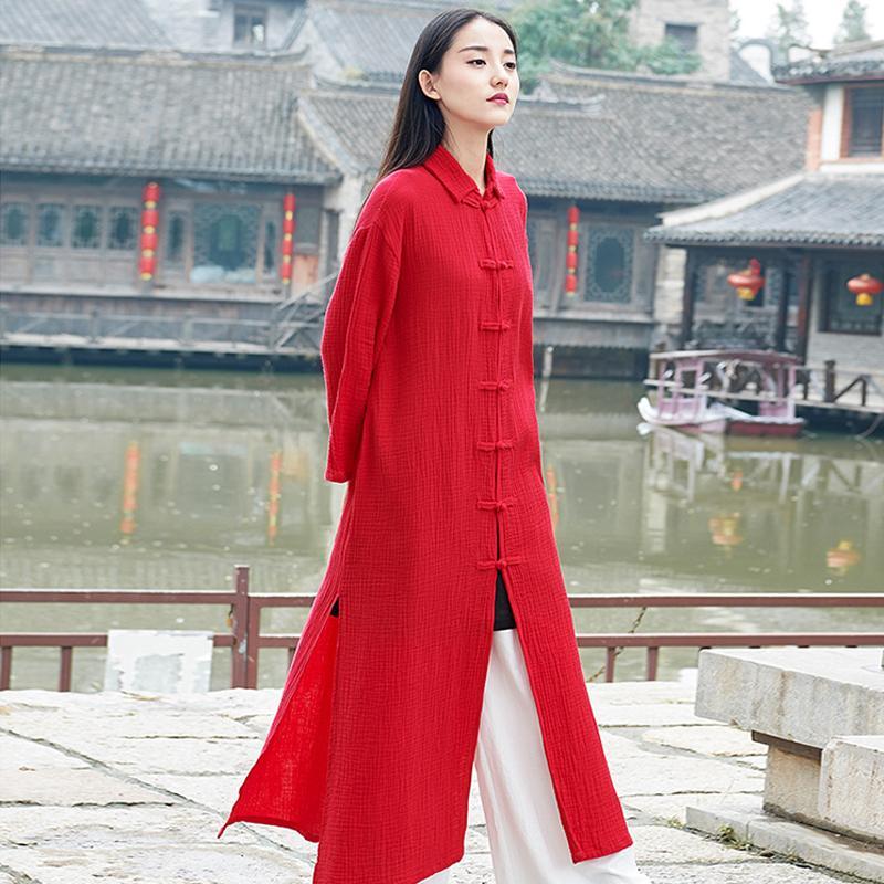 Buddha Trends Red / One Size Chinese Style Cotton Linen Trench Coat  | Zen