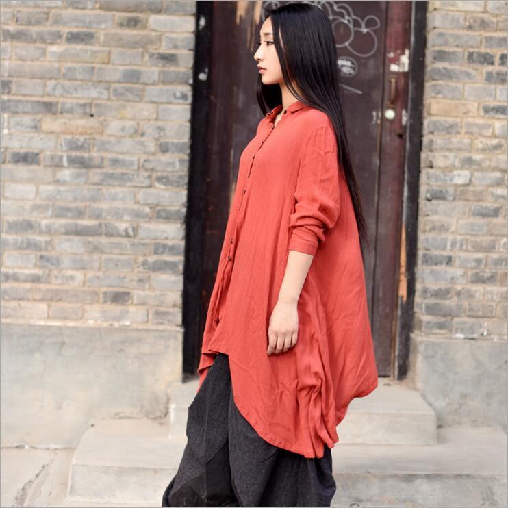 Buddha Trends Red / One Size Cropped Cotton Linen Flowy Shirt  | Zen